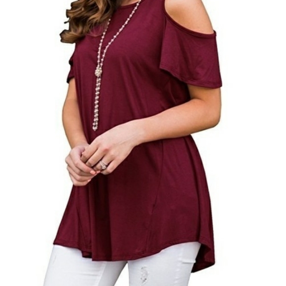 Wine red cold shoulder blouse - Picture 2 of 3